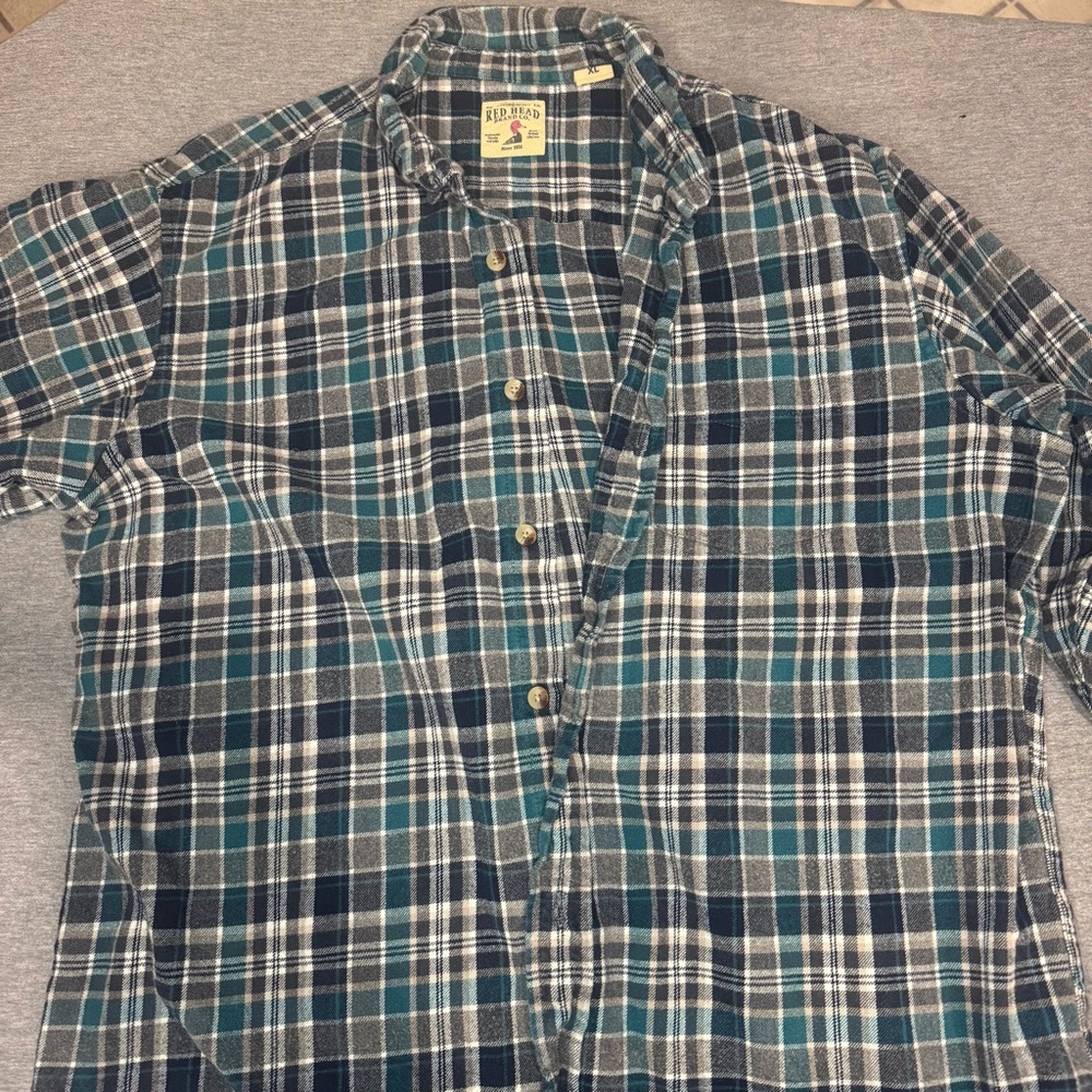 RedHead Men’s Flannel Shirt XL Teal Gray Plaid Button Front Outdoor Workwear